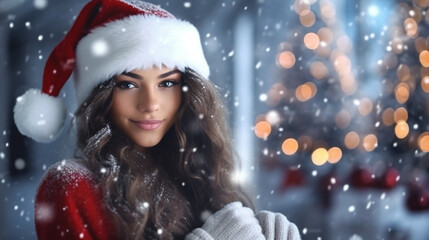 Young woman in Santa hat and red coat enjoys snowy holiday christmas atmosphere.