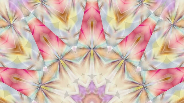 Kaleidoscopic colorful pattern rotating, vibrating in semicircle continuously. Polygonal waves emanating from centre of bottom, pulsating and forming abstract symmetrical ornament. 4K UHD 4096x2304
