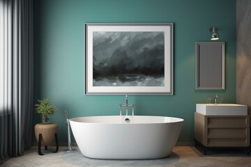 Poster frame in elegant bathroom, rendered in 3D. Generative AI