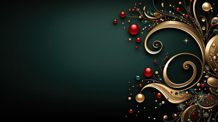 Elegance Christmas Green, Red and Gold Background with Flower Glitter Ornaments - Ideal for Festive Decorating Baubles with Ample Copy Space, Sophisticated Holiday New Year Xmas Decor