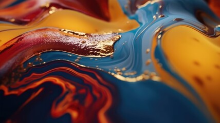 The close up of a glossy liquid surface abstract in navy blue, golden yellow, and deep red colors...