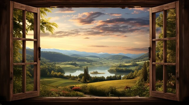 Fototapeta  an open window with a scenic view of a lake and mountains.  generative ai