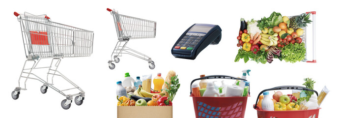 Collection of supermarket and grocery shopping items - obrazy, fototapety, plakaty