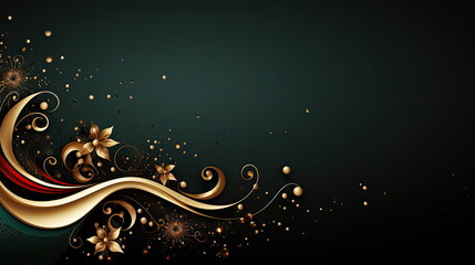 Elegance Christmas Green, Red and Gold Background with Flower Glitter Ornaments - Ideal for Festive Decorating Baubles with Ample Copy Space, Sophisticated Holiday New Year Xmas Decor