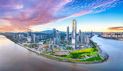 Aerial view Zhuhai city financial district skyline panorama