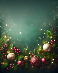 christmas decorations on green background, christmas greetings mockup