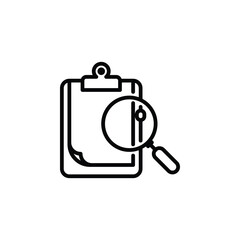 Magnifying glass with a clipboard outline icon. Vector illustration. The isolated icon suits the web, infographics, interfaces, and apps.