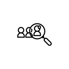 Magnifying glass with people icon, headhunting, human resource outline icon. Vector illustration. The isolated icon suits the web, infographics, interfaces, and apps.