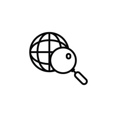Magnifying glass with a globe, global search outline icon. Vector illustration. The isolated icon suits the web, infographics, interfaces, and apps.
