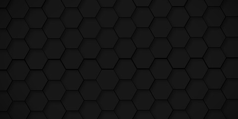 Background of abstract black 3d hexagon background design a dark honeycomb grid pattern. Abstract octagons dark 3d background. Black geometric background for design.