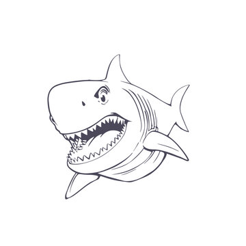 Cartoon shark mascot for sport and esport team club. Basketball or baseball and football, soccer or hockey varsity league players. Mascot badge of angry shark fish. Thin line style