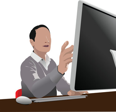 Handsome man sitting in front of computer. Vector illustration