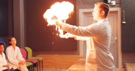Chemistry, students and fire experiment with teacher for development, innovation and knowledge in...