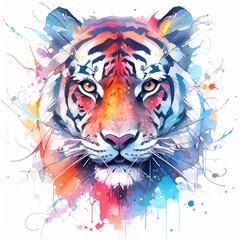 Watercolor tiger head on isolated with white background.