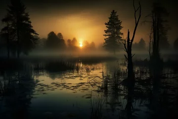 Foto op Plexiglas Eerie dusk wetland with tree silhouettes on misty night. Generative AI © Thorne