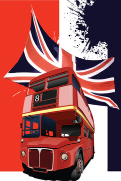 Grunge banner with London and bus images. Vector illustration