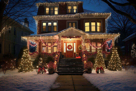 christmas house in the city, Bright Horizons: Capturing the Enchanting Glow of Holiday Lights Adorning Homes and Streets with Festive Illumination. New Year. 