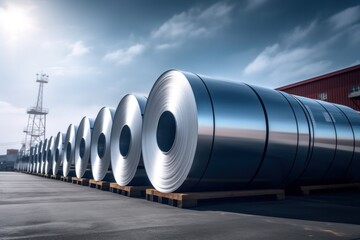 Rolls of carbon steel sheets outside the warehouse yard and blue sky Background