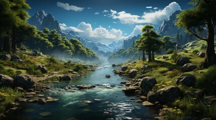 Naklejka na ściany i meble Tranquil Escapes: Captivating Sceneries of Majestic Rivers, Mountains and Waterfalls Amidst Serene Valleys and Lush Green Forests, generative AI