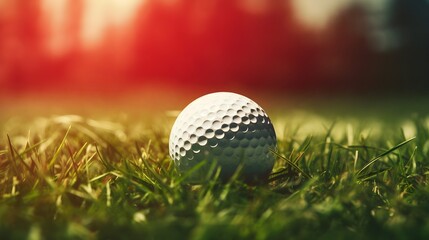 This close-up photo showcases the precision and detail of a golf ball resting on the lush green...