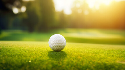 This close-up photo showcases the precision and detail of a golf ball resting on the lush green...