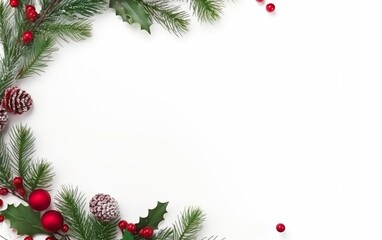 Decorated pine tree twigs with pine cones for a wreath on a white background, copy space at the right. AI Generative