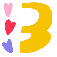 Number 3. Three hearts. Count. Study for kids. Vector illustration on white background.