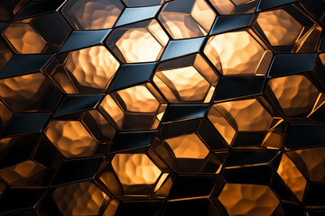 Glass metal geometric texture for surface materials, glowing golden neon background