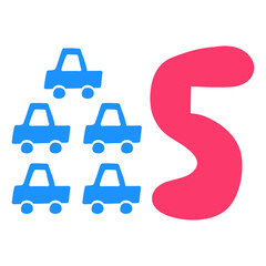 Education for kids. Number 5. Little cars. Hand drawn vector illustration on white background.