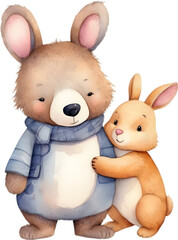 A heartwarming watercolor painting of a cute bear and a cute rabbit. 