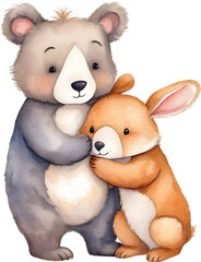 A heartwarming watercolor painting of a cute bear and a cute rabbit. 