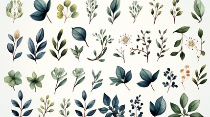 Set of floral watercolor logo elements. Wreath borders dividers, frame corners and minimalist flowers branch. Hand drawn line wedding herb, elegant leaves for invitation save the date card. Botanical