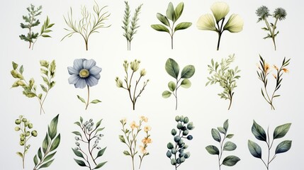 Set of floral watercolor logo elements. Wreath borders dividers, frame corners and minimalist flowers branch. Hand drawn line wedding herb, elegant leaves for invitation save the date card. Botanical