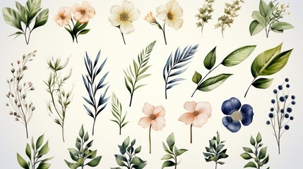 Set of floral watercolor logo elements. Wreath borders dividers, frame corners and minimalist flowers branch. Hand drawn line wedding herb, elegant leaves for invitation save the date card. Botanical