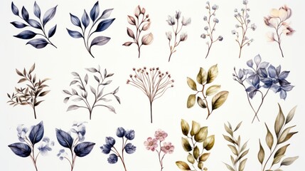 Set of floral watercolor logo elements. Wreath borders dividers, frame corners and minimalist flowers branch. Hand drawn line wedding herb, elegant leaves for invitation save the date card. Botanical