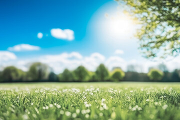 Beautiful blurred background image of spring nature with sunny sky. Green nature and blue skies.