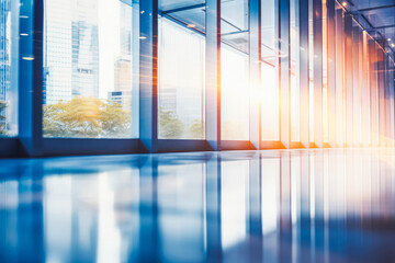 Beautiful blurred background of a light modern office. Empty big modern office with big windows and sunlight.