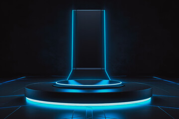 Beautiful modern futuristic podium with integrated light. Blue light podium. - obrazy, fototapety, plakaty