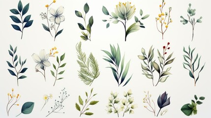 Set of floral watercolor logo elements. Wreath borders dividers, frame corners and minimalist flowers branch. Hand drawn line wedding herb, elegant leaves for invitation save the date card. Botanical