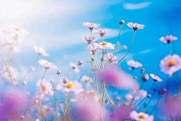Beautiful wild flowers. Chamomile purple wild peas with butterfly.