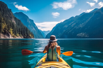 Beautiful woman on a kayak on a big lake with big mountains in background. Back view of woman on kayak. - obrazy, fototapety, plakaty