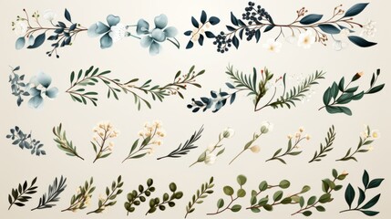 Set of floral watercolor logo elements. Wreath borders dividers, frame corners and minimalist flowers branch. Hand drawn line wedding herb, elegant leaves for invitation save the date card. Botanical