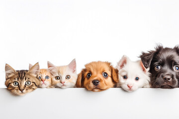 Cats and dogs peeking over white edge. Web banner. Cute pets. White background.