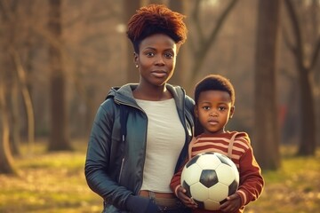 A Mother and Son with a Soccer Ball. Fictional characters created by Generated AI.