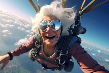 An old lady with a parachute. Grandma is flying in the sky with a parachute. The extreme of an elderly woman. - obrazy, fototapety, plakaty