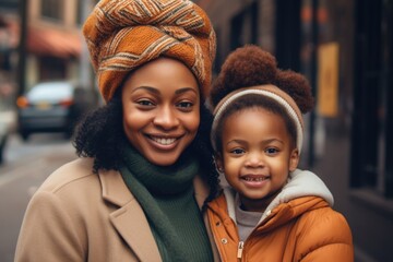 A mother and daughter posing for a picture together. Fictional characters created by Generated AI.