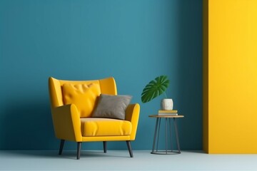Indoor space featuring a yellow armchair against a blue wall with space for text. Empty wall with a vertical poster. Generative AI