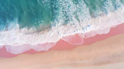 Fototapeta na wymiar pink ocean waves. Beautiful sandy beach with pink sea background. advertisement, banner, card. for template, presentation. copy text space.