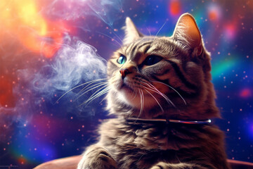a cat with a background of colorful clouds and stars