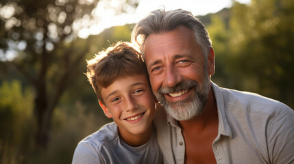 Father and son smiling and hugging in nature with quality time together outdoors. Family love and Father's Day concept.